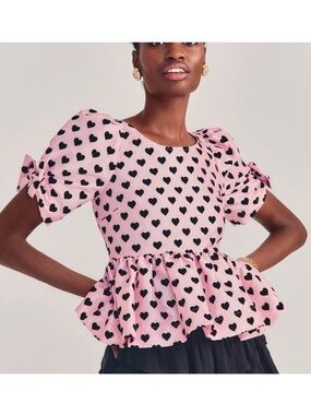 LOVESHACKFANCY Keily Top in Rosebud Light Pink with Black Hearts Bows NWT